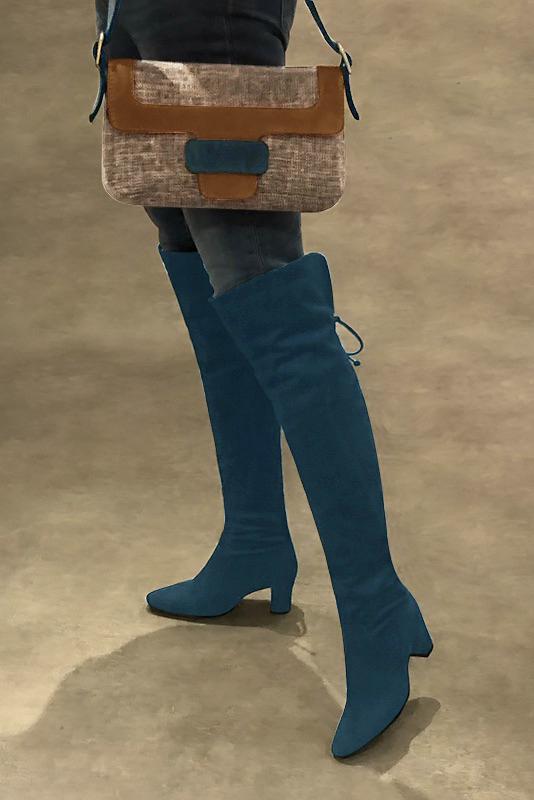 Caramel brown and peacock blue women's dress handbag, matching pumps and belts. Worn view - Florence KOOIJMAN